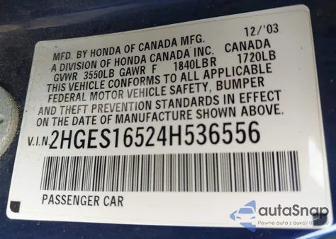 2004 Honda Civic Lx from USA, damaged, VIN 2HGES16524H536556